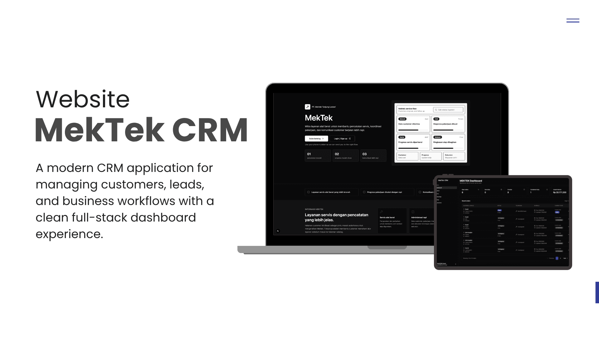 MekTek CRM shown across laptop and dashboard interfaces